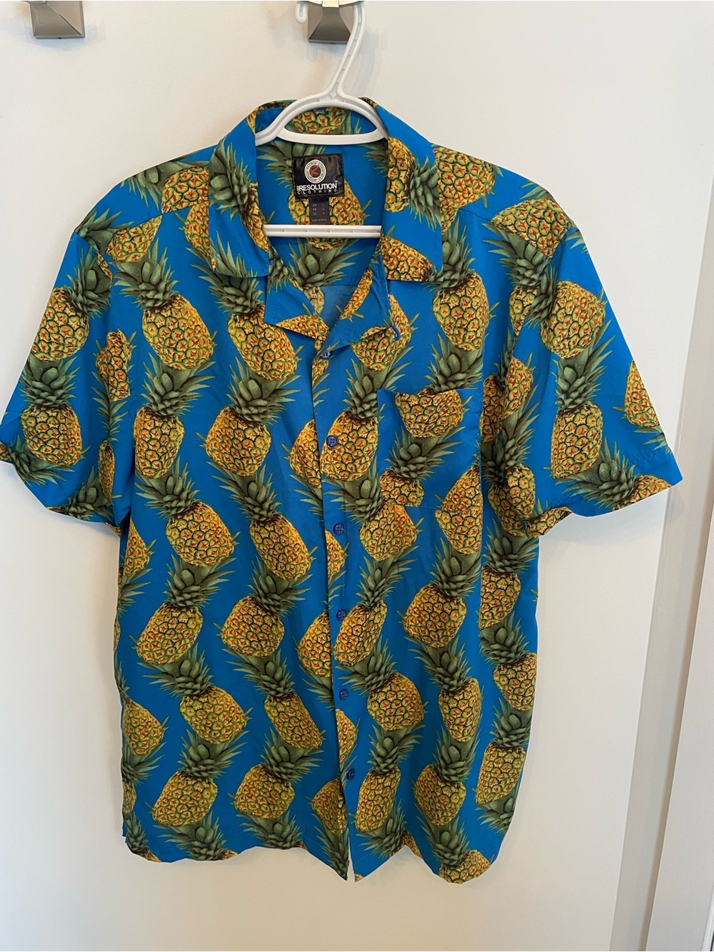 Pineapple Print Short Sleeve Shirt - Blue/Yellow - Size L